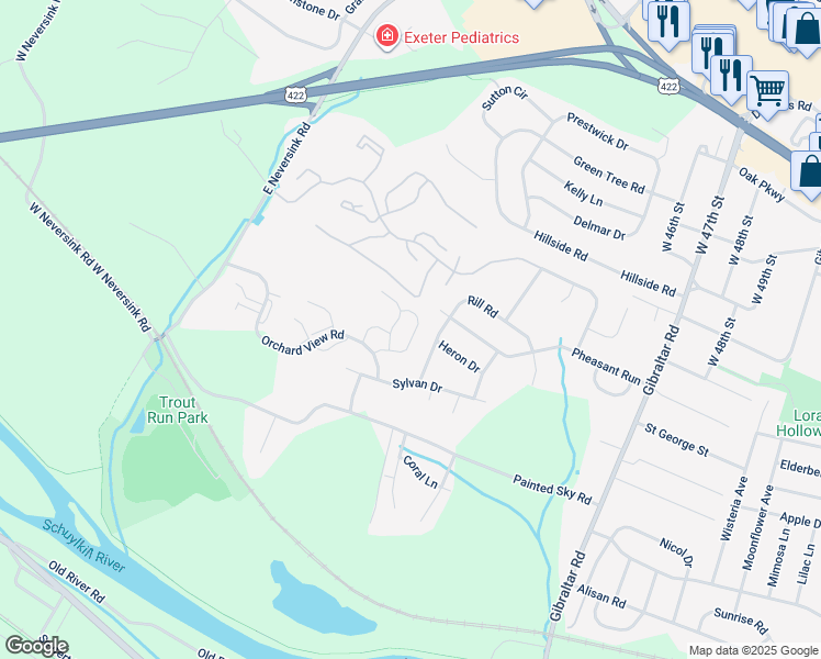 map of restaurants, bars, coffee shops, grocery stores, and more near 3201 Orchard View Road in Reading