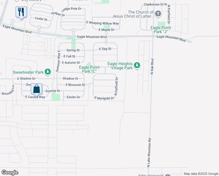 map of restaurants, bars, coffee shops, grocery stores, and more near 2362 East Blossom Street in Eagle Mountain