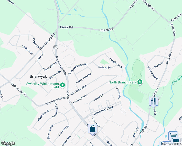 map of restaurants, bars, coffee shops, grocery stores, and more near 50 Valley View Road in Chalfont
