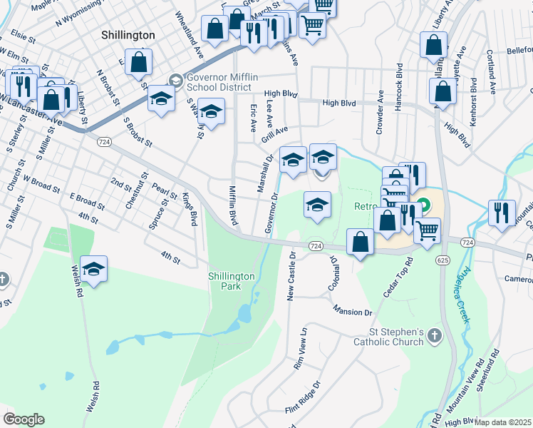 map of restaurants, bars, coffee shops, grocery stores, and more near 311 Governor Drive in Reading