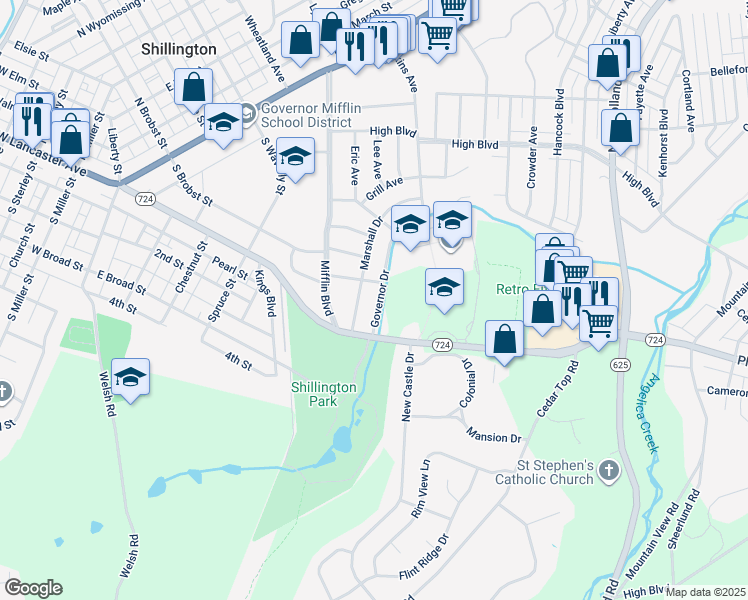 map of restaurants, bars, coffee shops, grocery stores, and more near 311 Governor Drive in Reading
