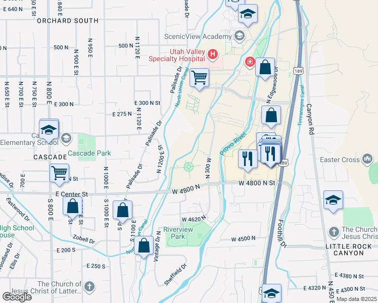 map of restaurants, bars, coffee shops, grocery stores, and more near 4931 North 300 West in Provo