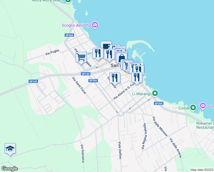 map of restaurants, bars, coffee shops, grocery stores, and more near 19 Piazza Lampedusa in San Foca