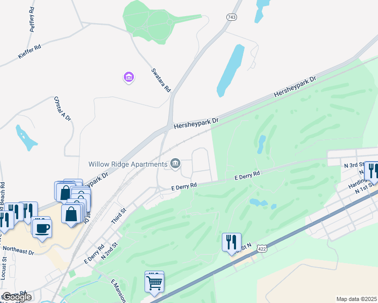 map of restaurants, bars, coffee shops, grocery stores, and more near 25 Carousel Circle in Hershey