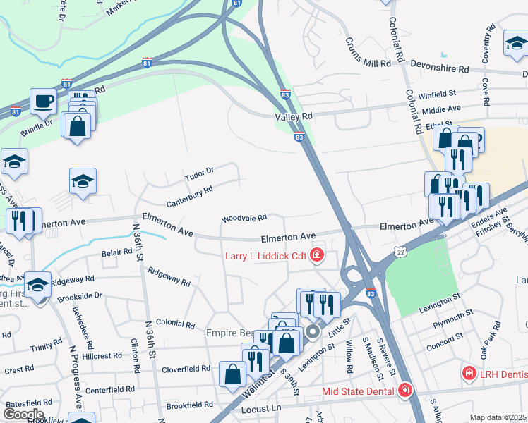 map of restaurants, bars, coffee shops, grocery stores, and more near 3918 Woodvale Road in Harrisburg