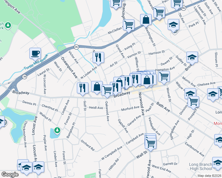 map of restaurants, bars, coffee shops, grocery stores, and more near 689 Broadway in Long Branch