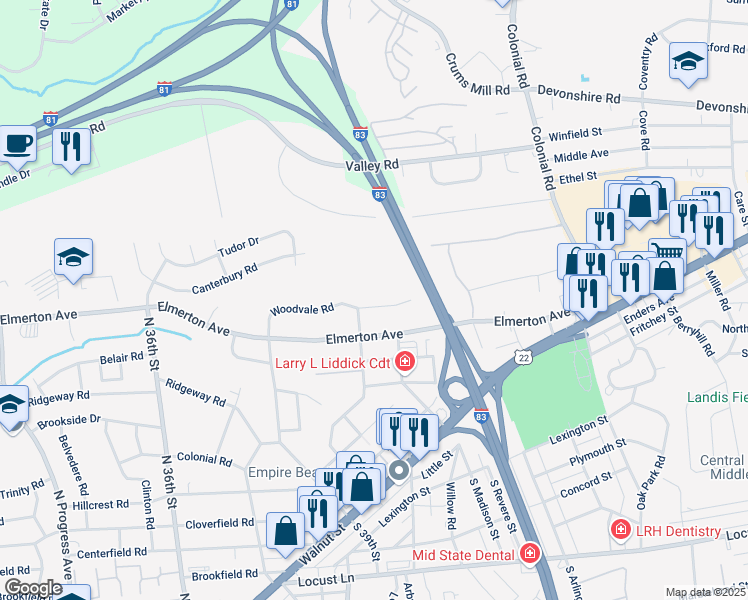 map of restaurants, bars, coffee shops, grocery stores, and more near 4004 Woodvale Road in Harrisburg
