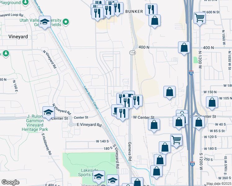map of restaurants, bars, coffee shops, grocery stores, and more near 708 East 125 North in Vineyard