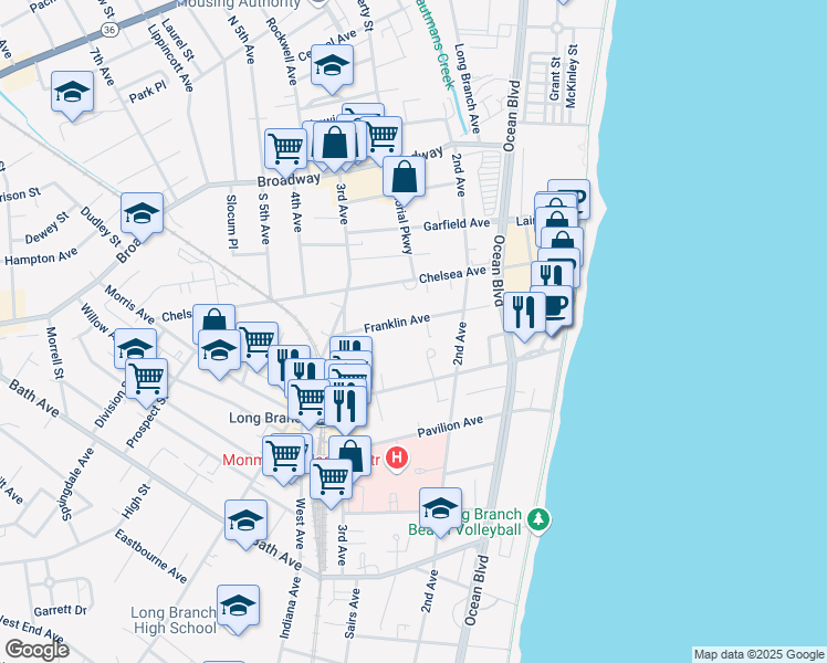 map of restaurants, bars, coffee shops, grocery stores, and more near 202 Villa Drive in Long Branch