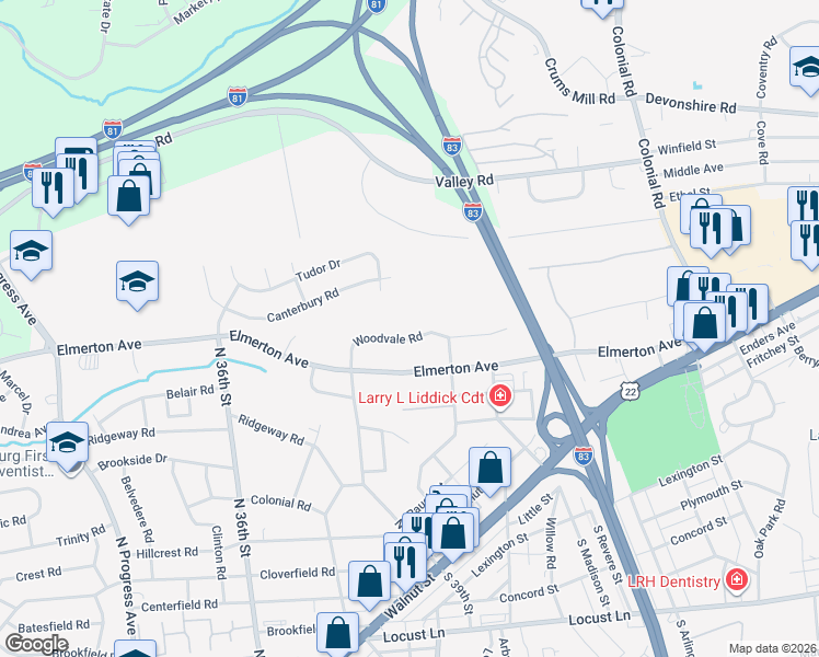 map of restaurants, bars, coffee shops, grocery stores, and more near 3921 Woodvale Road in Harrisburg