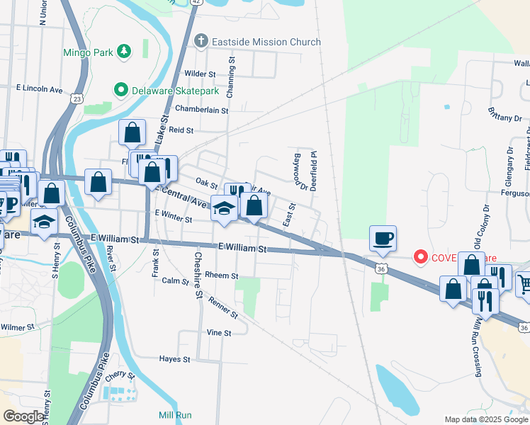 map of restaurants, bars, coffee shops, grocery stores, and more near 350 East Central Avenue in Delaware