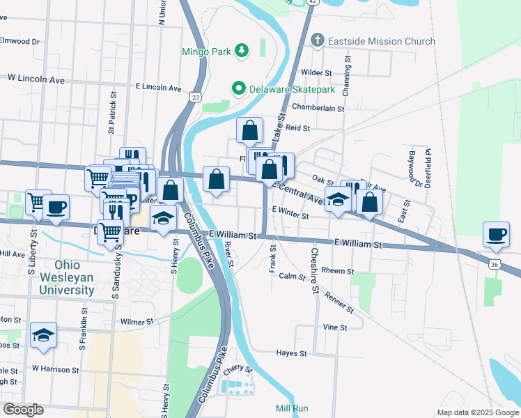 map of restaurants, bars, coffee shops, grocery stores, and more near 17 Lewis Street in Delaware