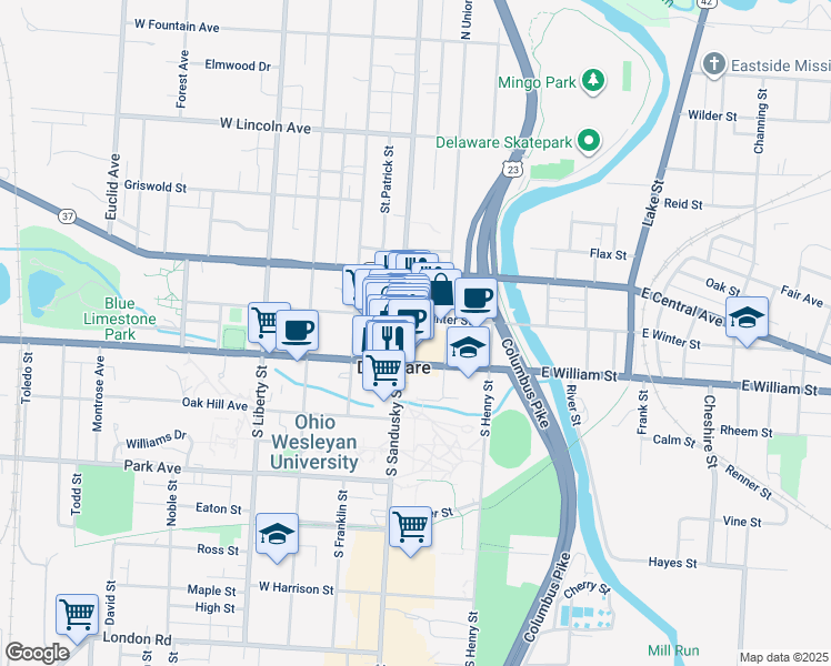 map of restaurants, bars, coffee shops, grocery stores, and more near in Delaware