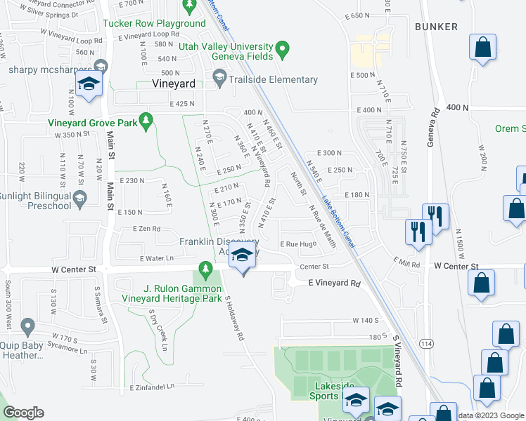 map of restaurants, bars, coffee shops, grocery stores, and more near 145 North 410 East Street in Orem