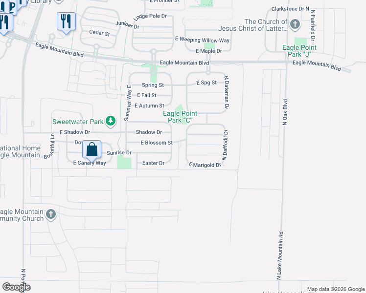 map of restaurants, bars, coffee shops, grocery stores, and more near 3613 North Columbine Way in Eagle Mountain