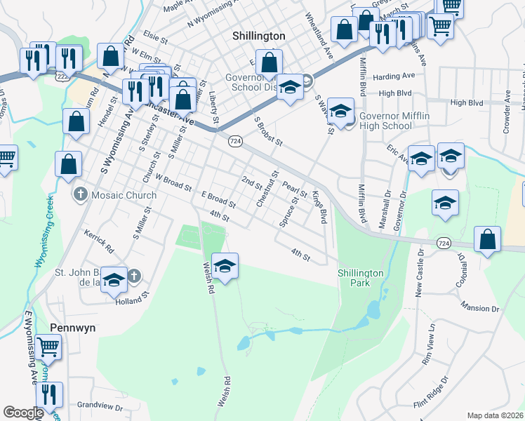 map of restaurants, bars, coffee shops, grocery stores, and more near 231 Chestnut Street in Shillington