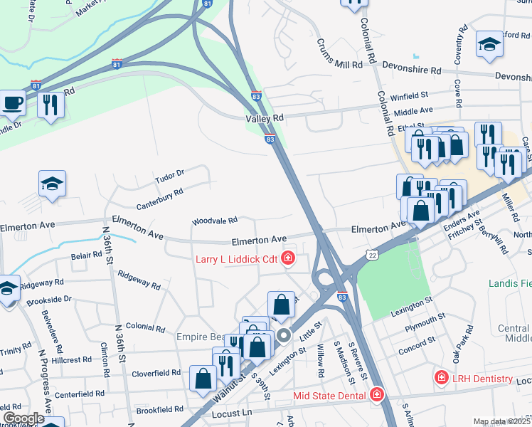 map of restaurants, bars, coffee shops, grocery stores, and more near 4004 Woodvale Road in Harrisburg