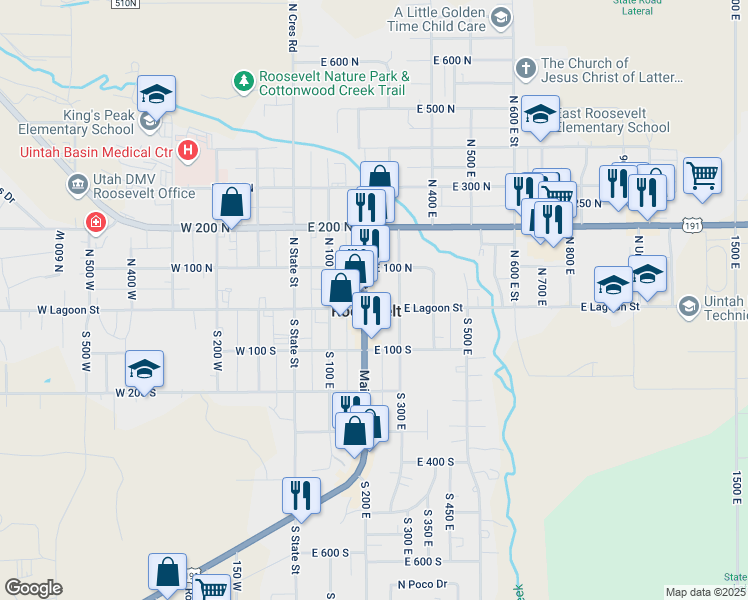 map of restaurants, bars, coffee shops, grocery stores, and more near 10 North 200 East in Roosevelt
