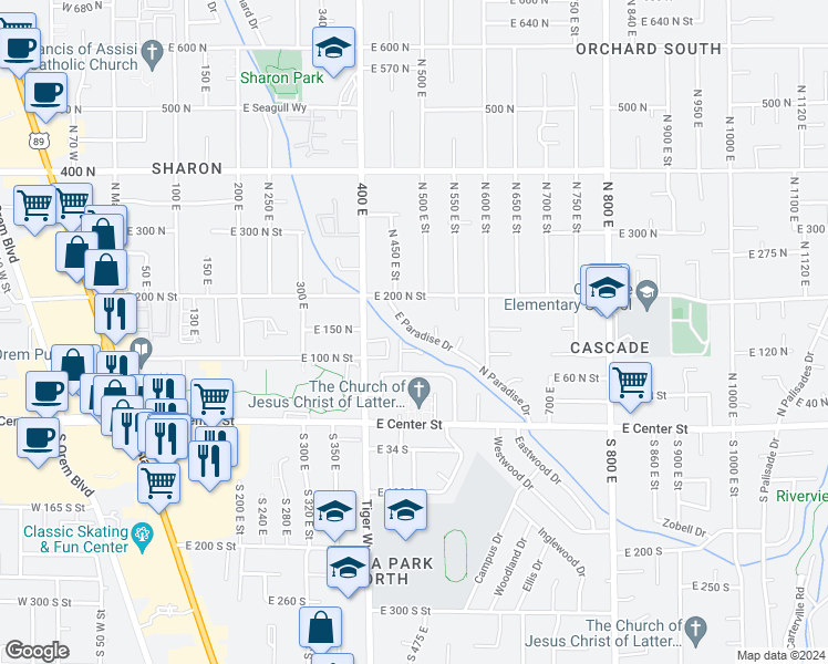 map of restaurants, bars, coffee shops, grocery stores, and more near 481 East Paradise Drive in Orem