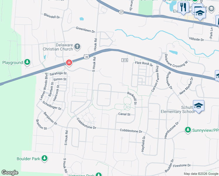 map of restaurants, bars, coffee shops, grocery stores, and more near 105 Bingham Circle in Delaware