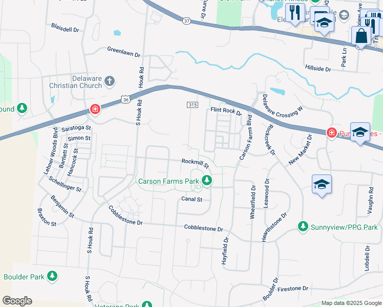 map of restaurants, bars, coffee shops, grocery stores, and more near 603 Acme Road in Delaware