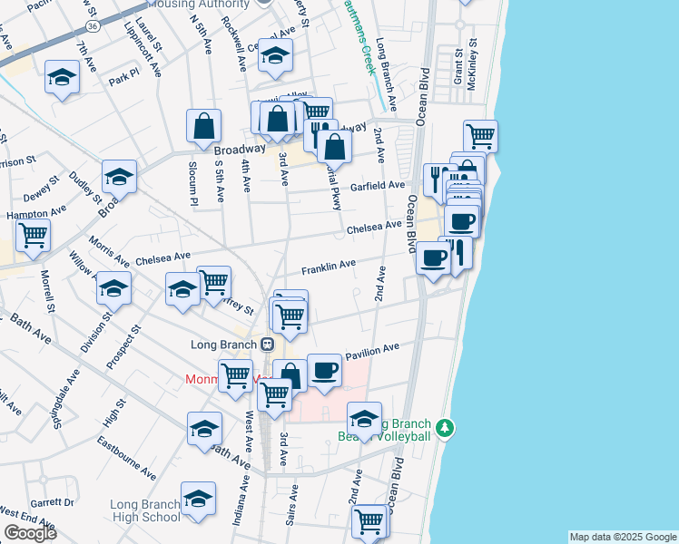 map of restaurants, bars, coffee shops, grocery stores, and more near 140 Franklin Avenue in Long Branch