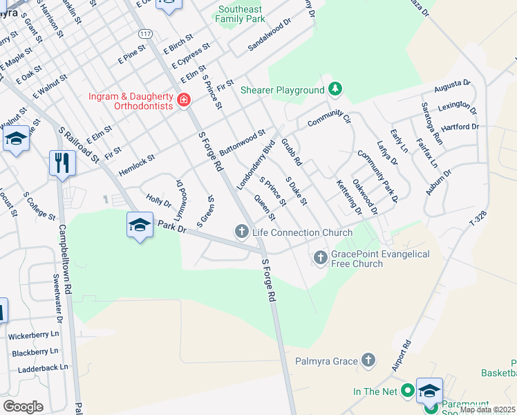 map of restaurants, bars, coffee shops, grocery stores, and more near 1251 South Prince Street in Palmyra