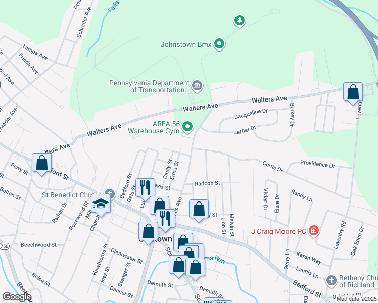 map of restaurants, bars, coffee shops, grocery stores, and more near 329 Nees Avenue in Johnstown