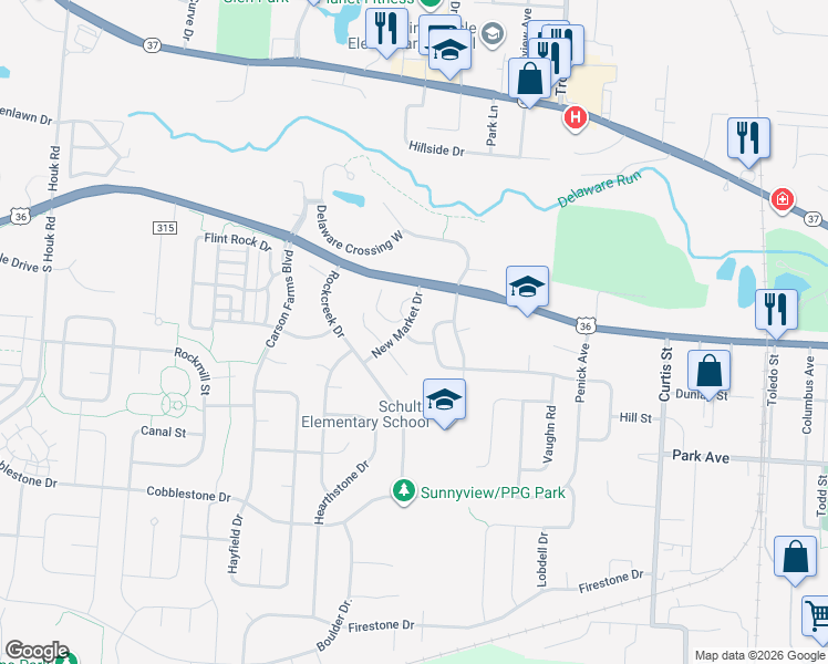 map of restaurants, bars, coffee shops, grocery stores, and more near 281 Richards Circle in Delaware