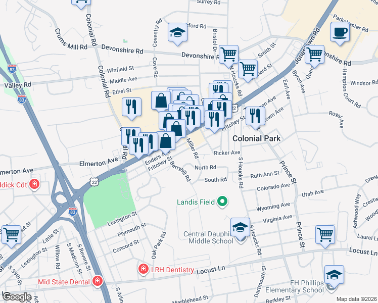 map of restaurants, bars, coffee shops, grocery stores, and more near 1 Miller Road in Harrisburg