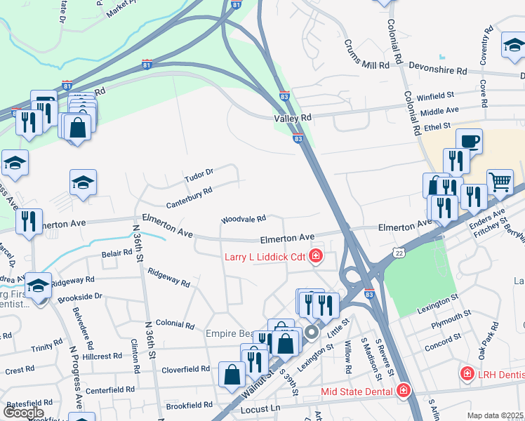 map of restaurants, bars, coffee shops, grocery stores, and more near 3918 Woodvale Road in Harrisburg