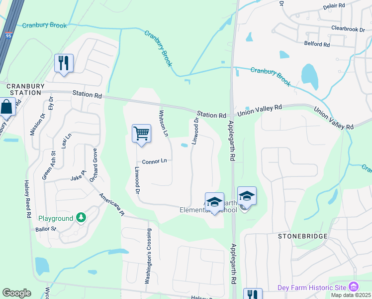 map of restaurants, bars, coffee shops, grocery stores, and more near 3 Whitson Lane in Monroe Township