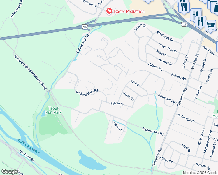 map of restaurants, bars, coffee shops, grocery stores, and more near 1906 Orchard View Road in Reading