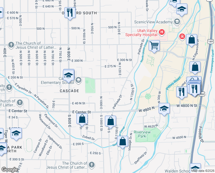 map of restaurants, bars, coffee shops, grocery stores, and more near 194 North 1040 East in Orem