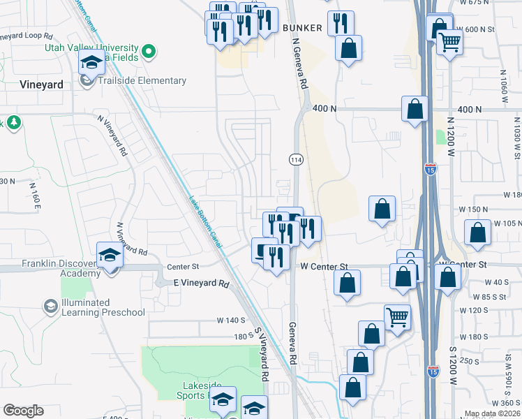 map of restaurants, bars, coffee shops, grocery stores, and more near 188 North 680 East in Vineyard