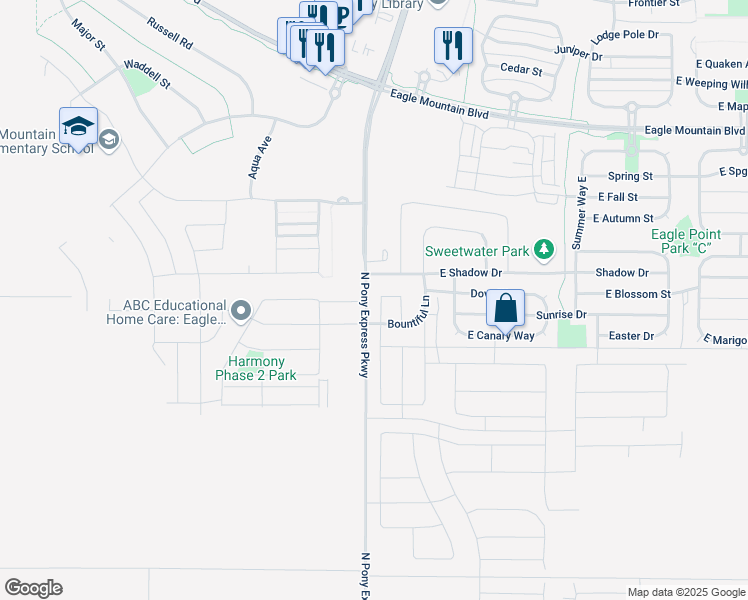 map of restaurants, bars, coffee shops, grocery stores, and more near 1512 East Shadow Drive in Eagle Mountain