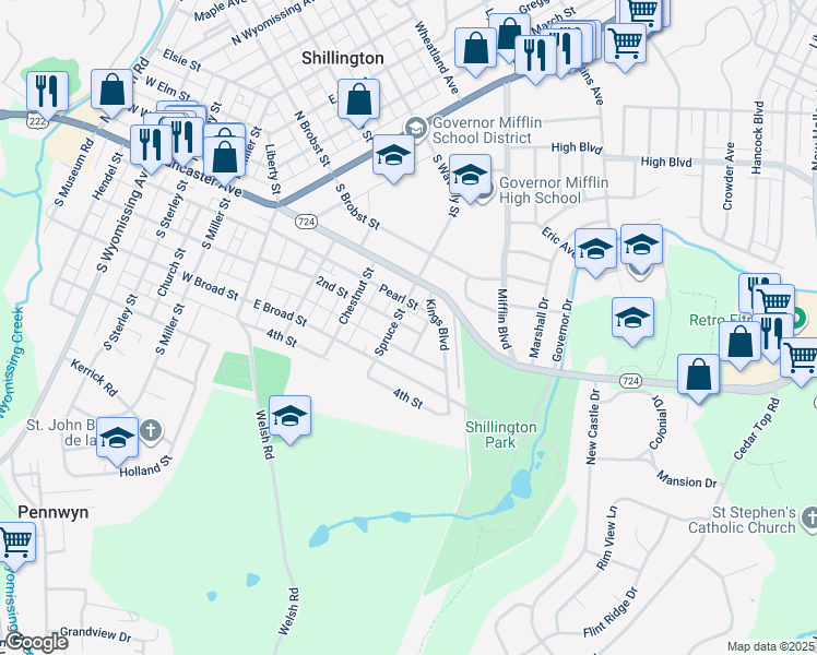 map of restaurants, bars, coffee shops, grocery stores, and more near 31 Spruce Street in Shillington