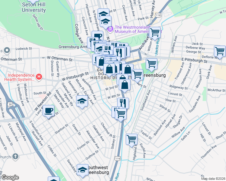 map of restaurants, bars, coffee shops, grocery stores, and more near 238 South Pennsylvania Avenue in Greensburg