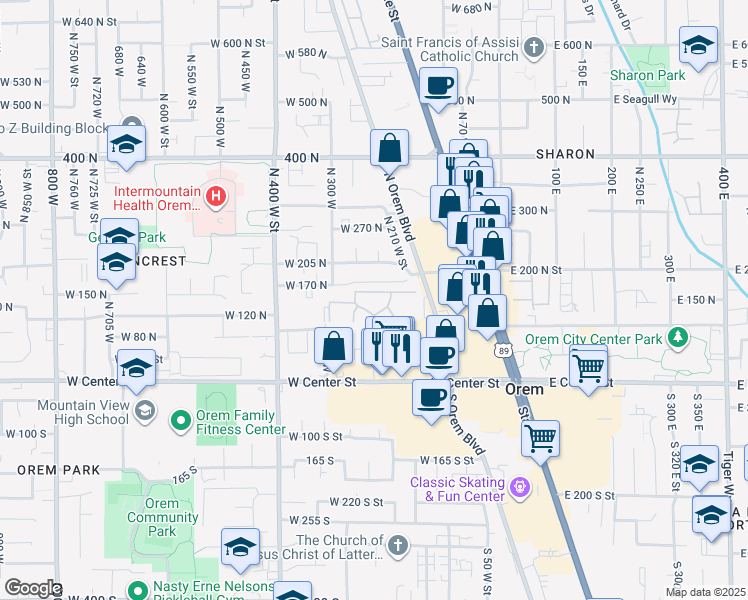 map of restaurants, bars, coffee shops, grocery stores, and more near 217 Garden Park in Orem