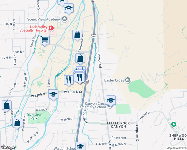 map of restaurants, bars, coffee shops, grocery stores, and more near 5072 North University Avenue in Provo