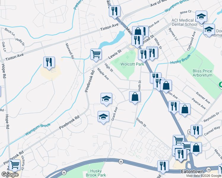 map of restaurants, bars, coffee shops, grocery stores, and more near 84 Maple Avenue in Eatontown