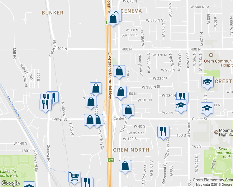 map of restaurants, bars, coffee shops, grocery stores, and more near 1225 West 160 North in Orem