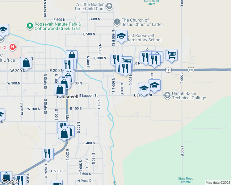 map of restaurants, bars, coffee shops, grocery stores, and more near 611 East Lagoon Street in Roosevelt