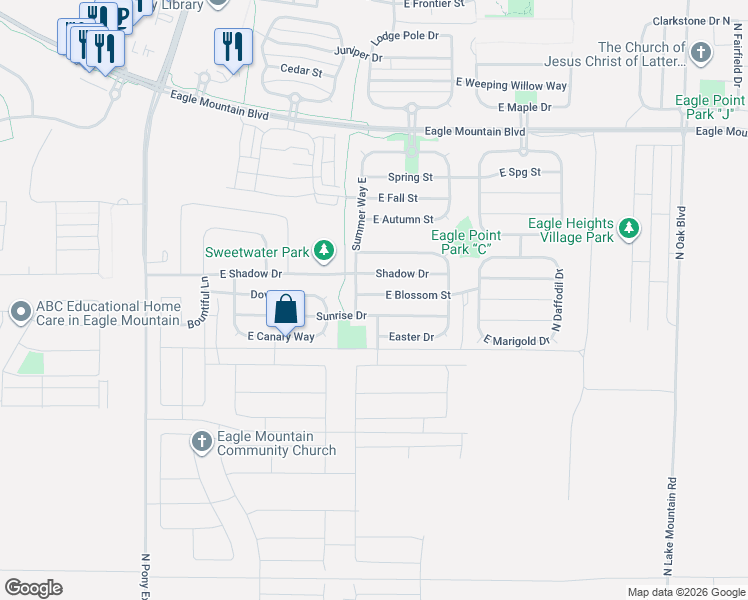 map of restaurants, bars, coffee shops, grocery stores, and more near 2008 East Blossom Street in Eagle Mountain
