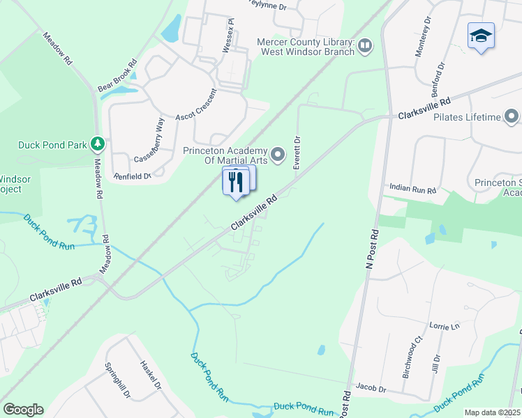 map of restaurants, bars, coffee shops, grocery stores, and more near 231 Heather Drive in West Windsor Township
