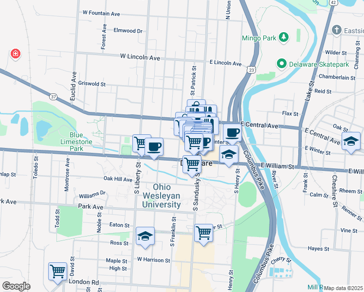 map of restaurants, bars, coffee shops, grocery stores, and more near 23 West Winter Street in Delaware