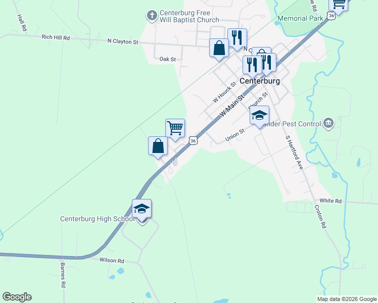 map of restaurants, bars, coffee shops, grocery stores, and more near 3981-3991 Columbus Road in Centerburg