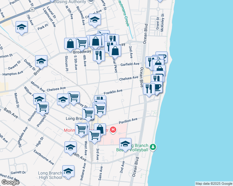 map of restaurants, bars, coffee shops, grocery stores, and more near 129 Franklin Avenue in Long Branch
