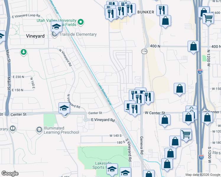 map of restaurants, bars, coffee shops, grocery stores, and more near 667 East 180 North in Vineyard