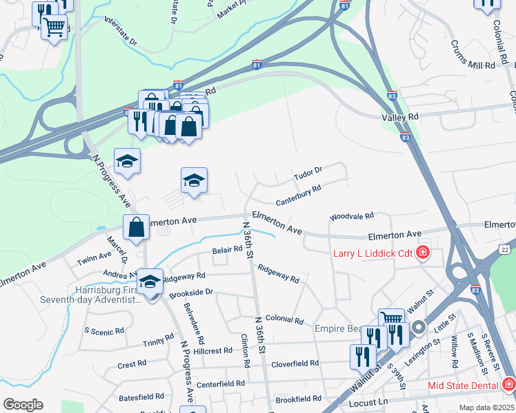 map of restaurants, bars, coffee shops, grocery stores, and more near 3605 Canterbury Road in Harrisburg